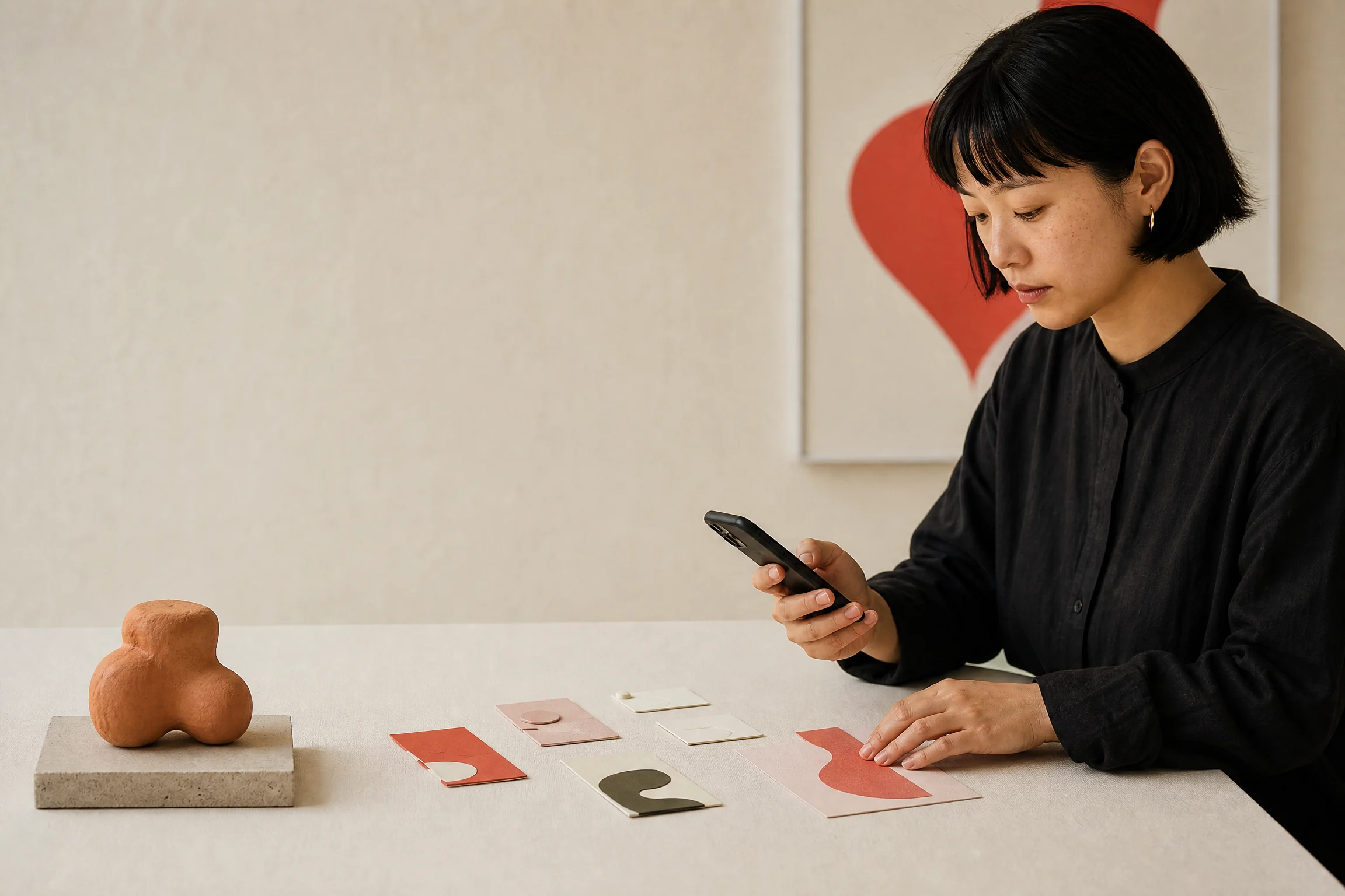 Product designer pausing with a smartphone at a gallery table