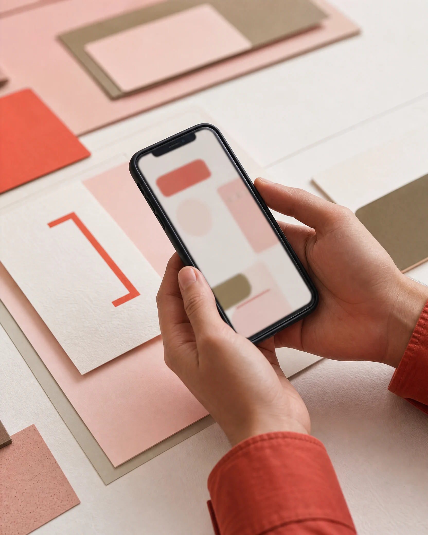 Hand holding a smartphone beside prototype cards